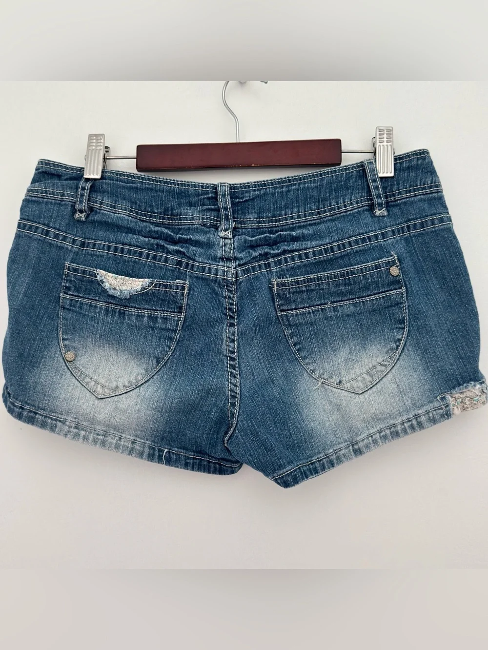 Y2K Blue Spice Faded Indigo Low-Rise Jean Mini Shorts Britney Spears pool beach